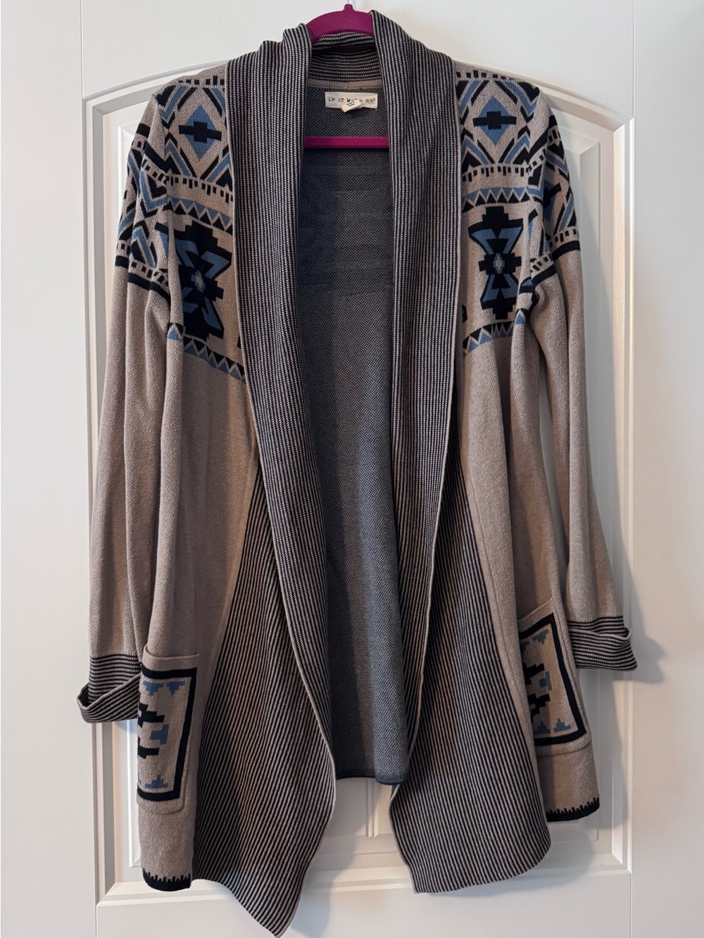 if it were me Tan, Black/Blue Aztec-Pattern Open-Front Cardigan